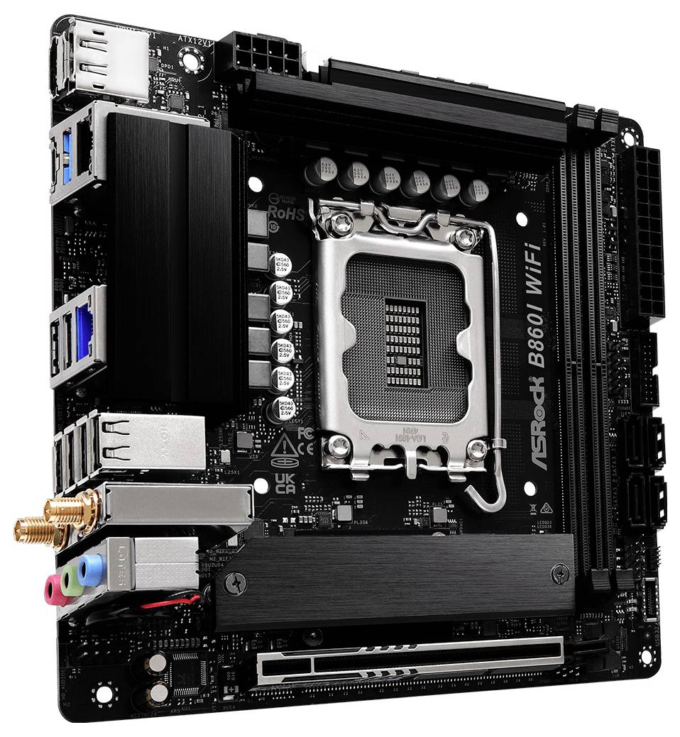 Een compacte computermoederbord met meerdere poorten en een zichtbare CPU-socket, gemerkt met 'ASRock'.