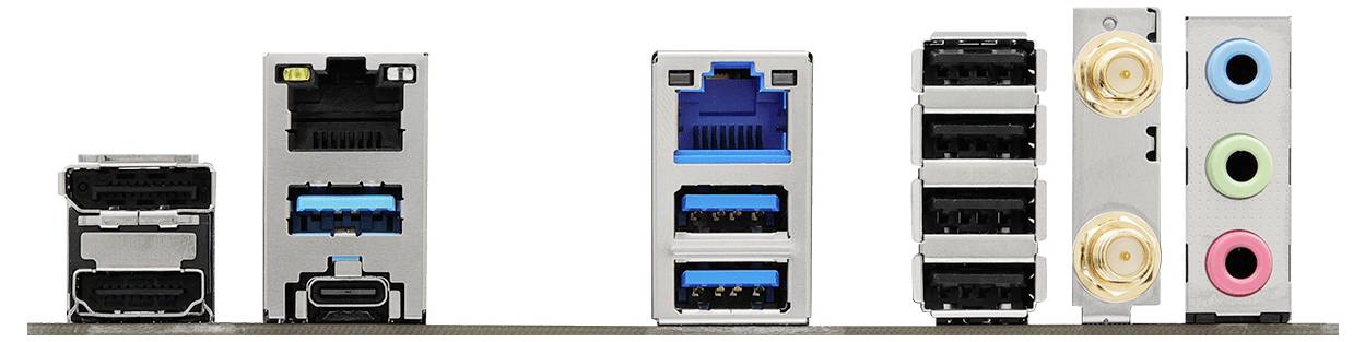 Achterpaneel van een moederbord met verschillende poorten: HDMI, USB, Ethernet, USB-C, audio-aansluitingen en antenne-connectoren.