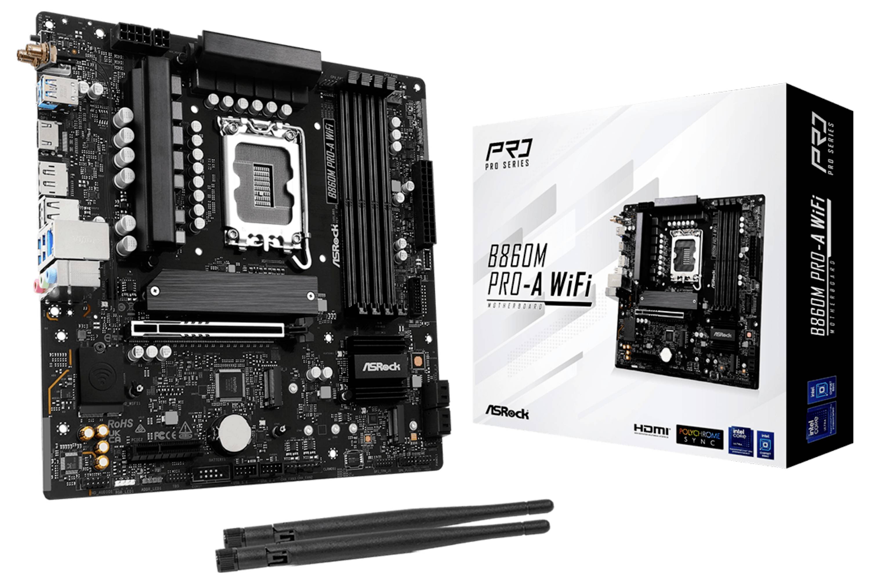 Moederbord ASRock B660M Pro-A WiFi met doos en antennes, geschikt voor Intel-processors, beschikt over meerdere poorten en sleuven voor connectiviteit.