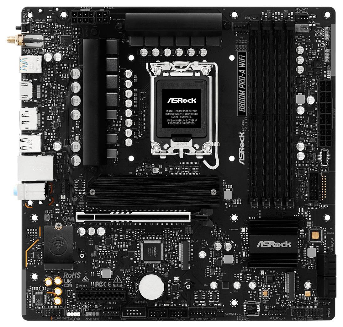 Moederbord met 'ASRock' logo, met de processor-aansluiting, geheugensleuven en verschillende aansluitingen en poorten.