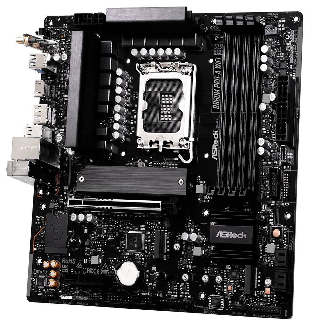 Een computermotherboard met meerdere PCI-sleuven, RAM-sleuven en aansluitingen, gelabeld als 'ASRock B560M Pro4'.