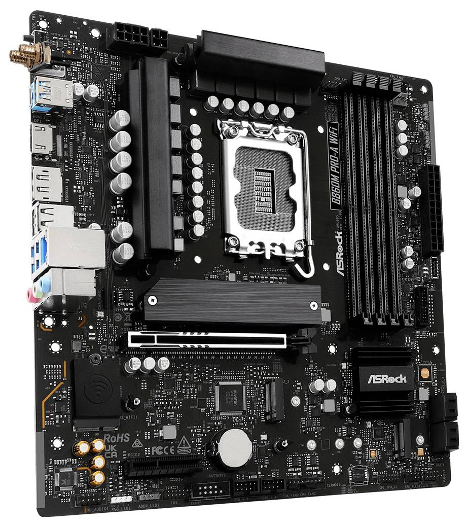 Een computermoederbord met diverse sleuven en componenten, waaronder RAM-sleuven, CPU-socket en meerdere poorten en aansluitingen.