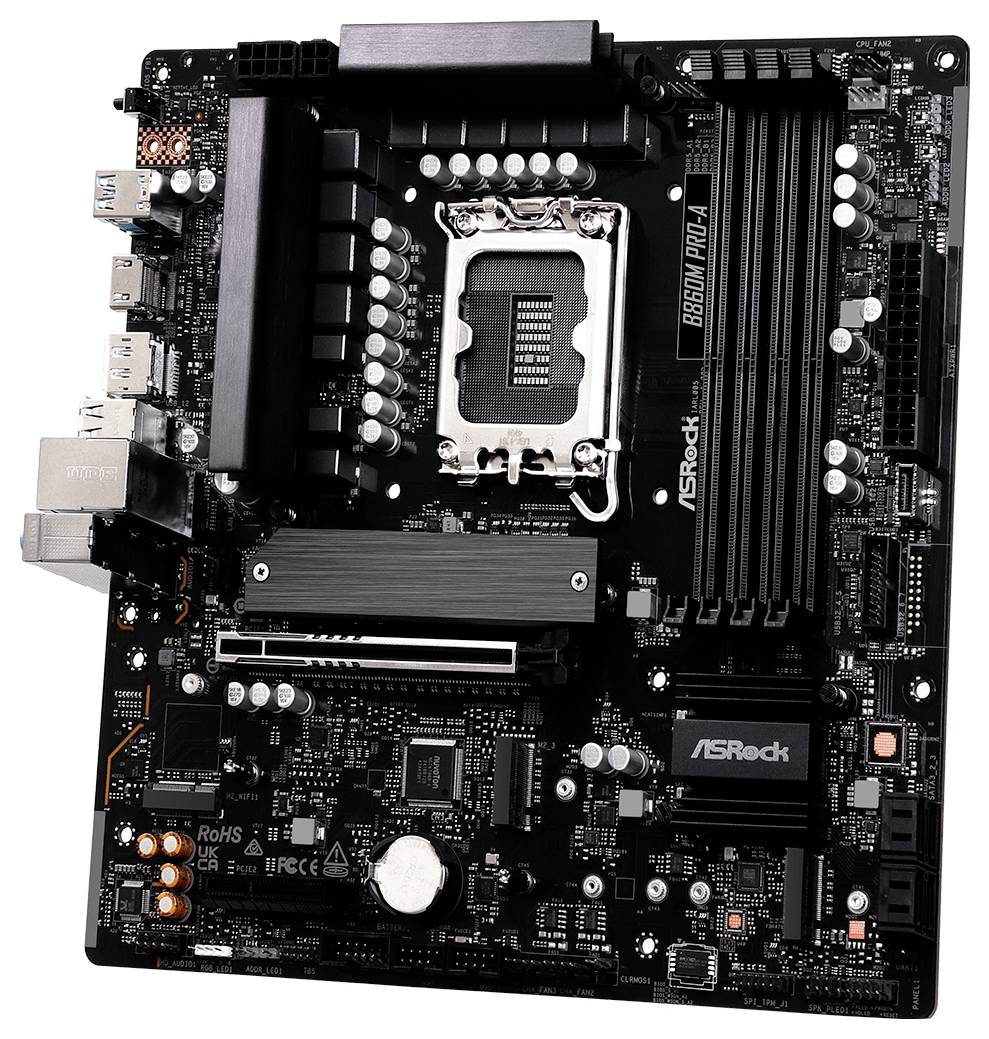 'Een zwarte ASRock B660M PRO4 moederbord met verschillende poorten, sleuven en componenten, geschikt voor computerbouw of upgrades.'