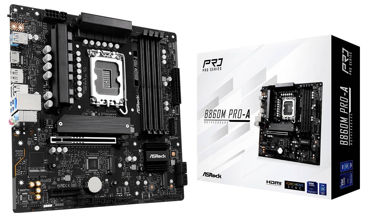 De afbeelding toont een ASRock B660M Pro-A moederbord en de bijbehorende verpakkingsdoos, waarbij de functies zoals DDR4-ondersteuning en HDMI-uitgang worden benadrukt.