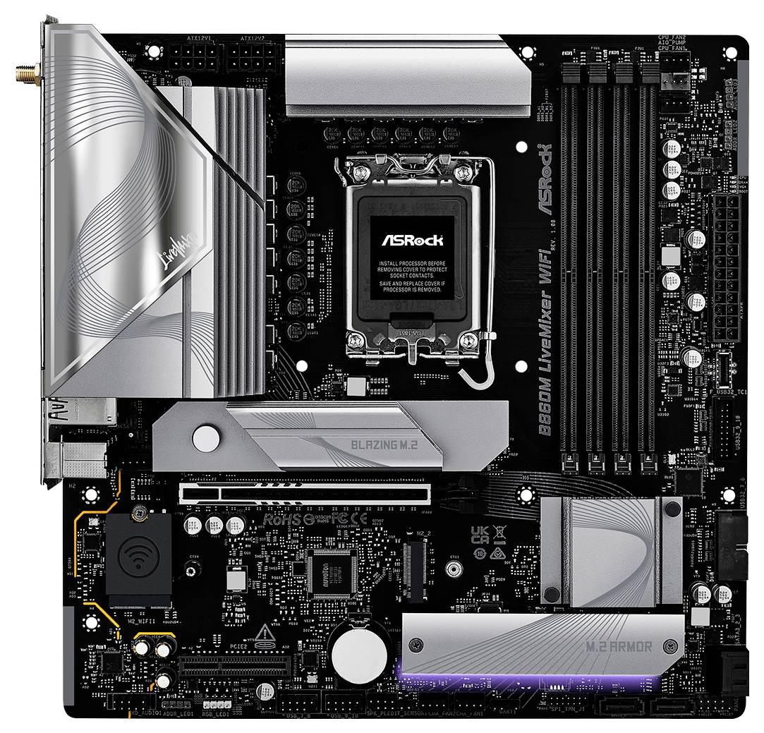 ASRock B650M LiveMixer WiFi moederbord met gelabelde componenten, inclusief RAM-sleuven, PCIe-sleuven en M.2 warmteafleiders voor pc's.