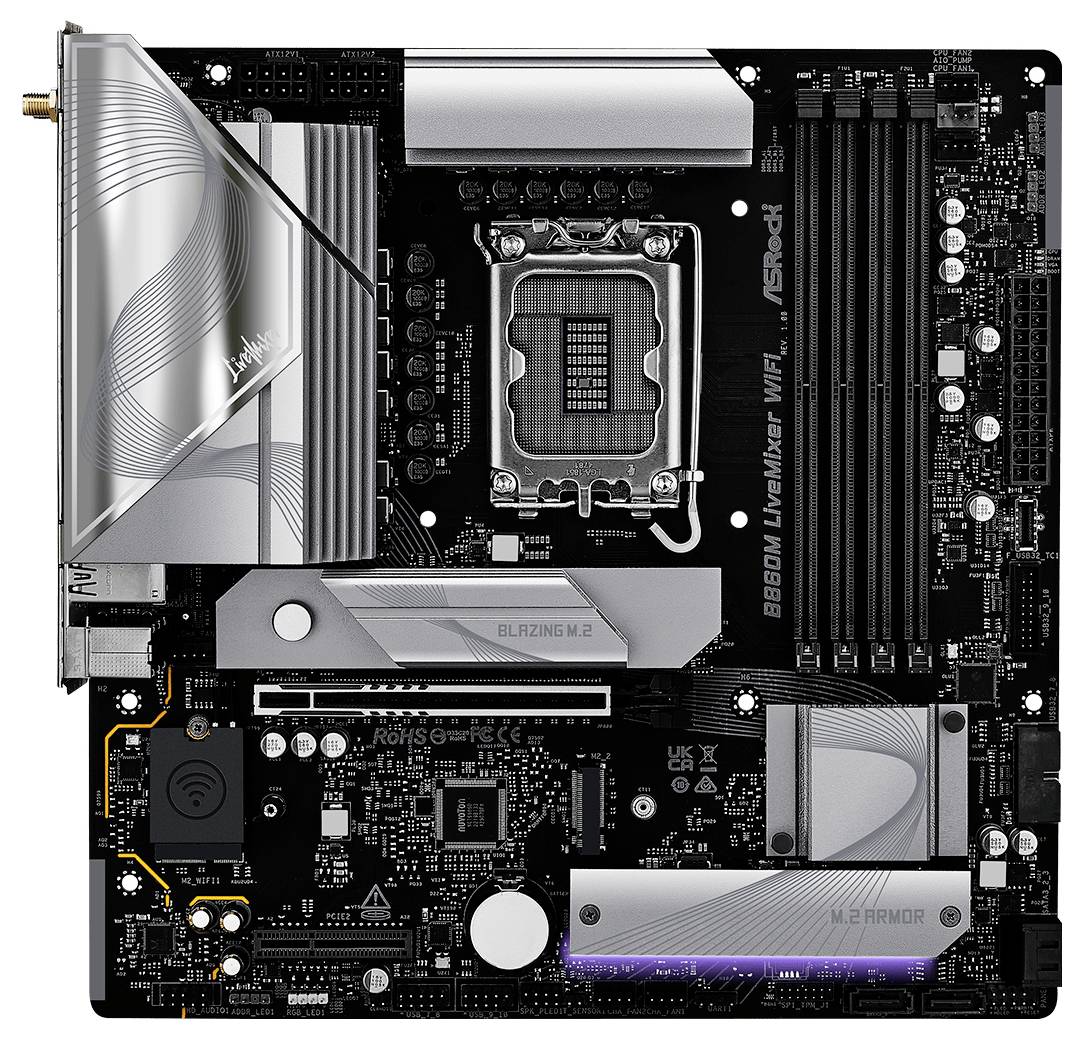 Een computermoederbord met gelabelde secties voor USB, RAM-sleuven en M.2-sleuven, met een strak metallic design en verschillende componenten.