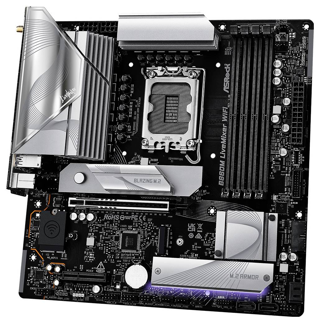 Een computermoederbord met verschillende componenten, waaronder RAM-sleuven, CPU-socket en M.2-sleuven voor opslag.