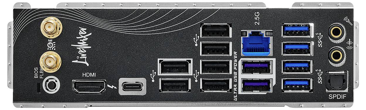 'Moederbord achterste I/O-paneel met HDMI, USB 2.0, USB 3.0, USB-C, Ethernet, S/PDIF en audio-poorten. Livelmixer-branding zichtbaar.'