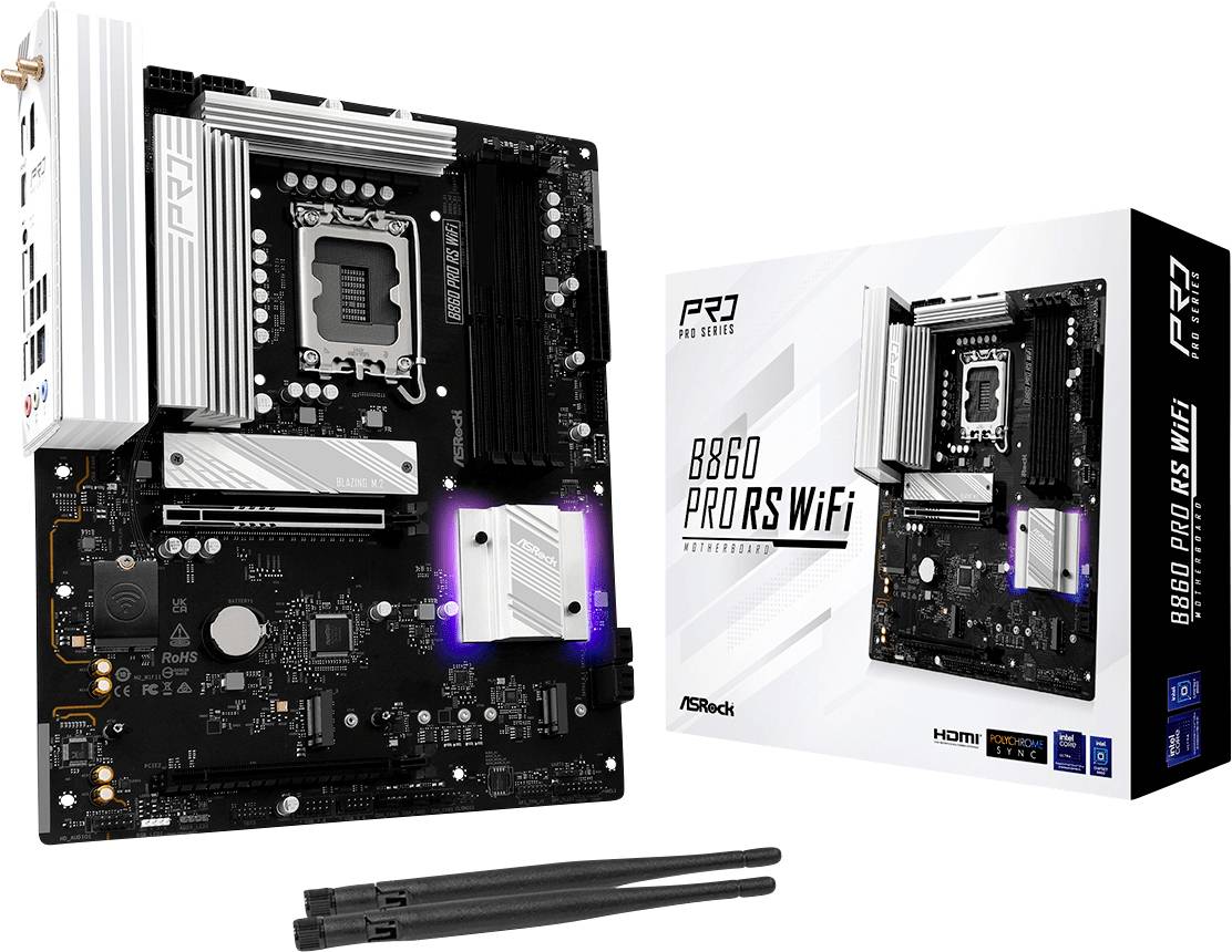 'ASRock B660 Pro RS WiFi moederbord' getoond naast zijn verpakking, waarbij de WiFi-mogelijkheid en HDMI-ondersteuning worden benadrukt, met twee antennes.