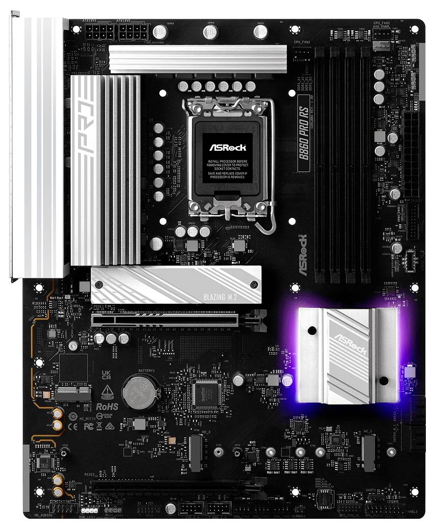 Een bovenaanzicht van een computermoederbord met een centrale socket, verschillende sleuven voor componenten en ASRock-branding.