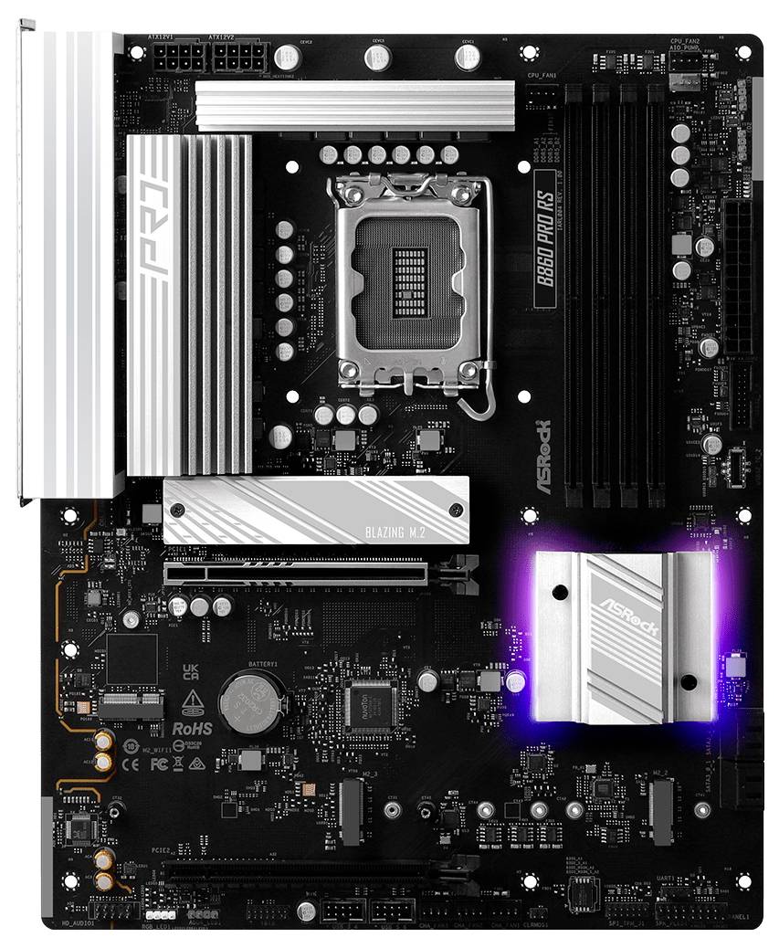 Een computermoederbord met verschillende sleuven en componenten, waaronder RAM-sleuven, CPU-socket en PCIe-sleuven, ontworpen voor het bouwen of upgraden van pc's.