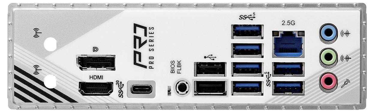 Moederbord achterpaneel met meerdere poorten: HDMI, DisplayPort, USB (verschillende types), Ethernet en audio-aansluitingen. Gelabeld als 'Pro Series'.