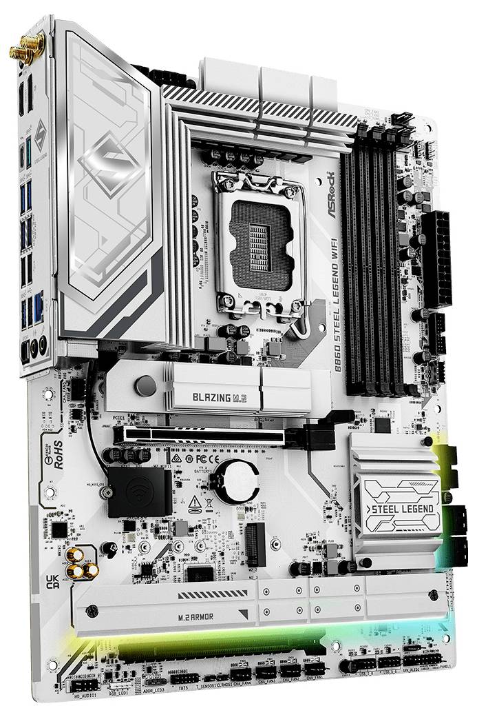 Een witte ATX-moederbord met zwarte accenten, gelabeld als 'Steel Legend', met poorten, RAM-sleuven en een LGA-socket.