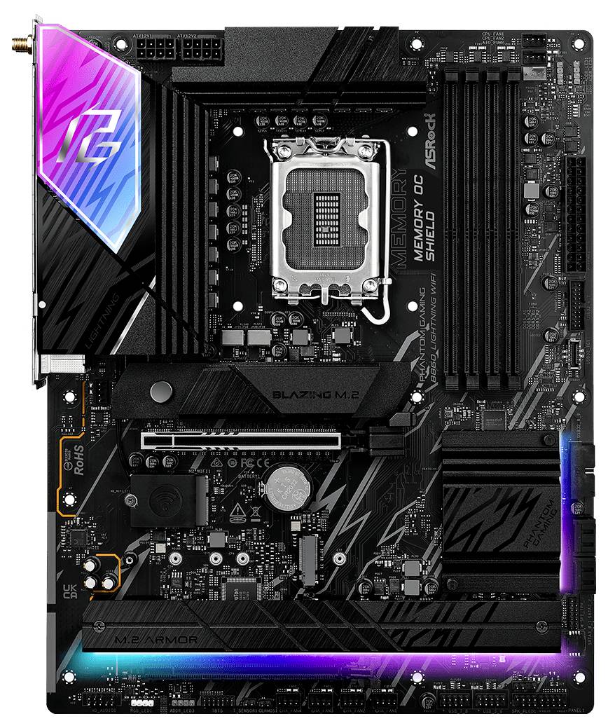 Een zwarte ASRock-moederbord met meerkleurige verlichting, voorzien van een LGA 1700-socket, PCIe-sleuven, M.2-sleuven en RGB-accenten.