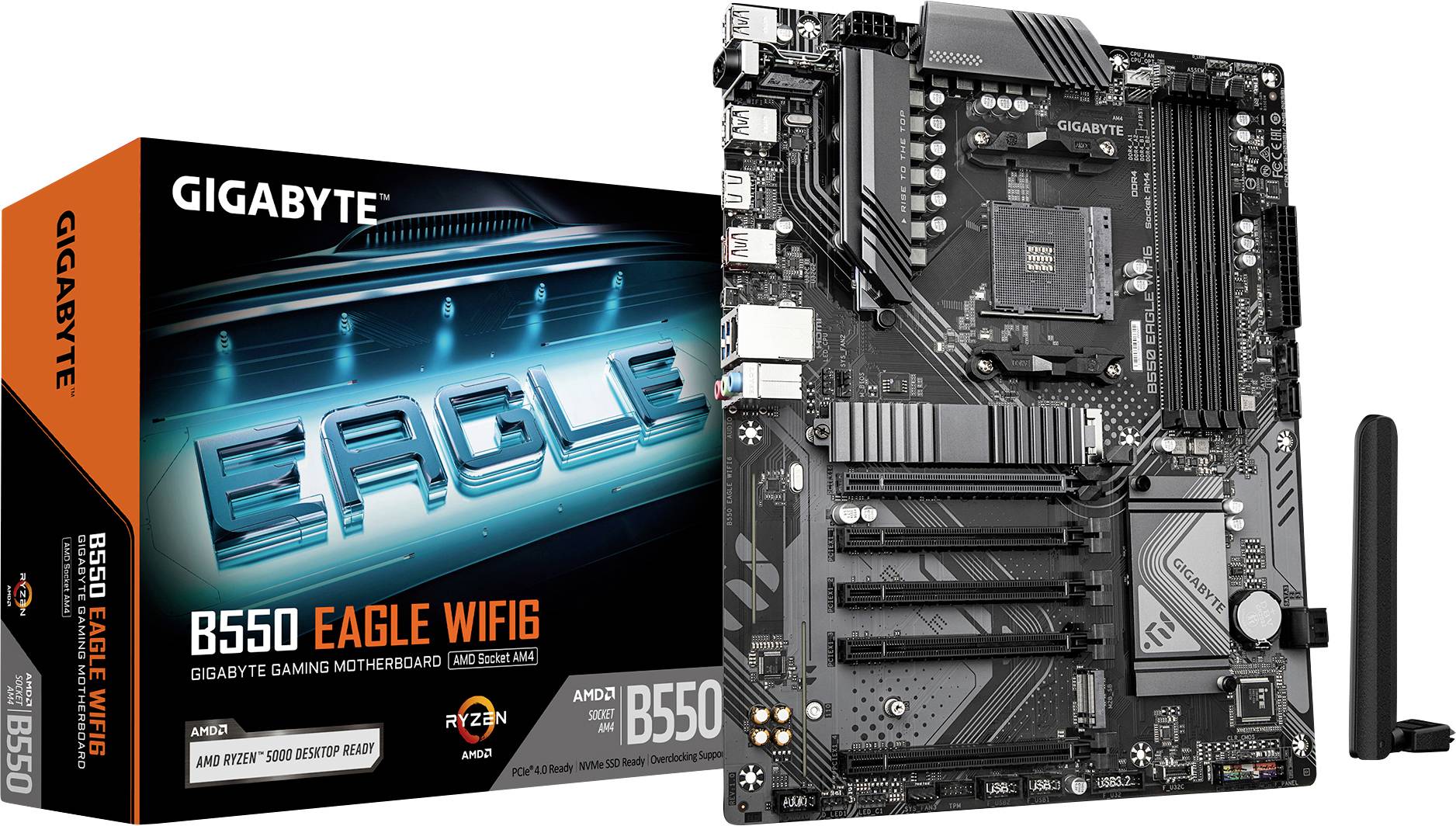Een GIGABYTE B550 Eagle WiFi 6-moederbord wordt naast zijn doos getoond. Op de doos worden kenmerken gemarkeerd zoals 'AMD Ryzen 3000', 'Gigabyte Gaming Motherboard'.