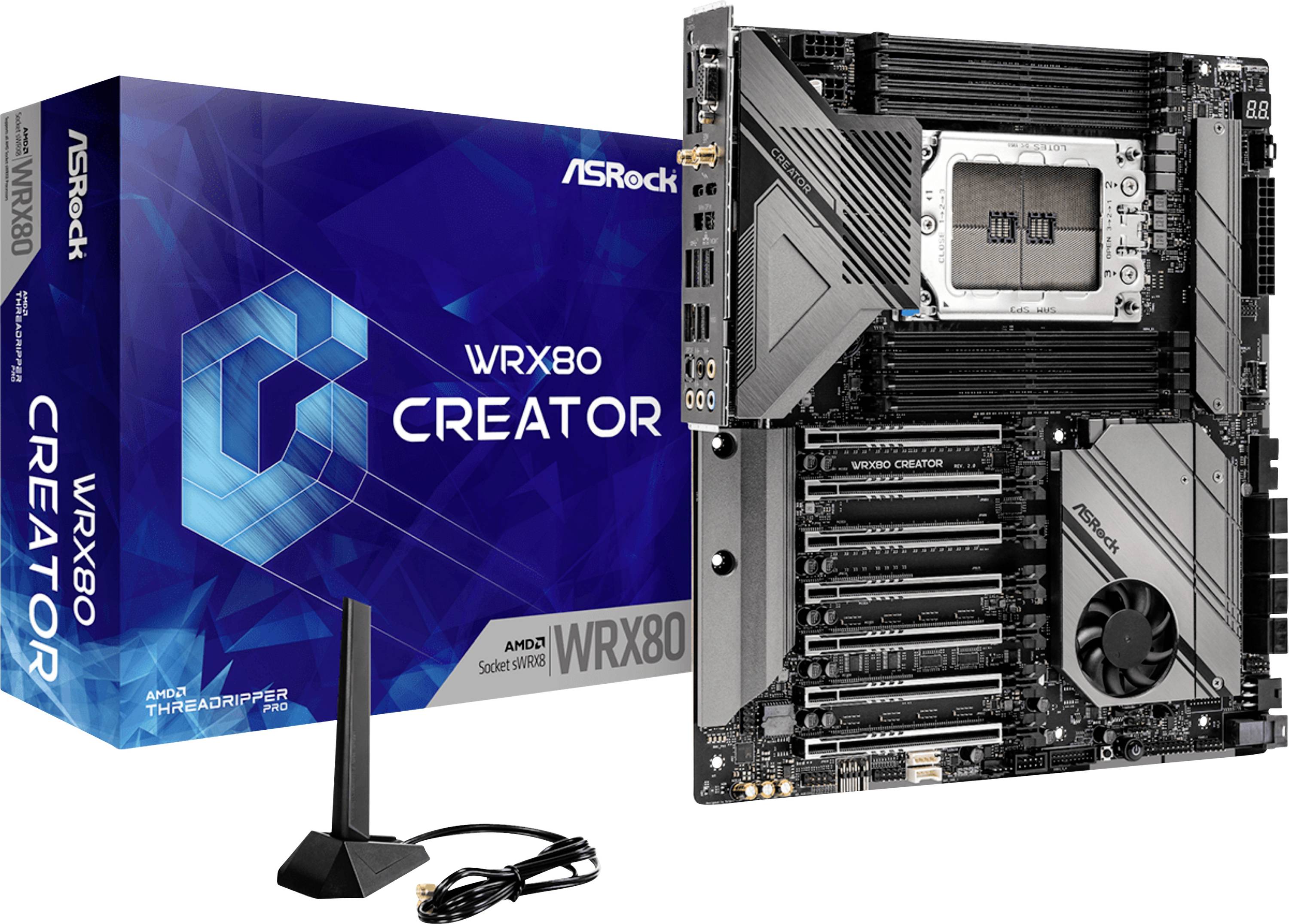 ASRock WRX80 Creator moederbord met ondersteuning voor AMD Ryzen Threadripper Pro, getoond met doos en toebehoren. Geschikt voor high-performance computing.