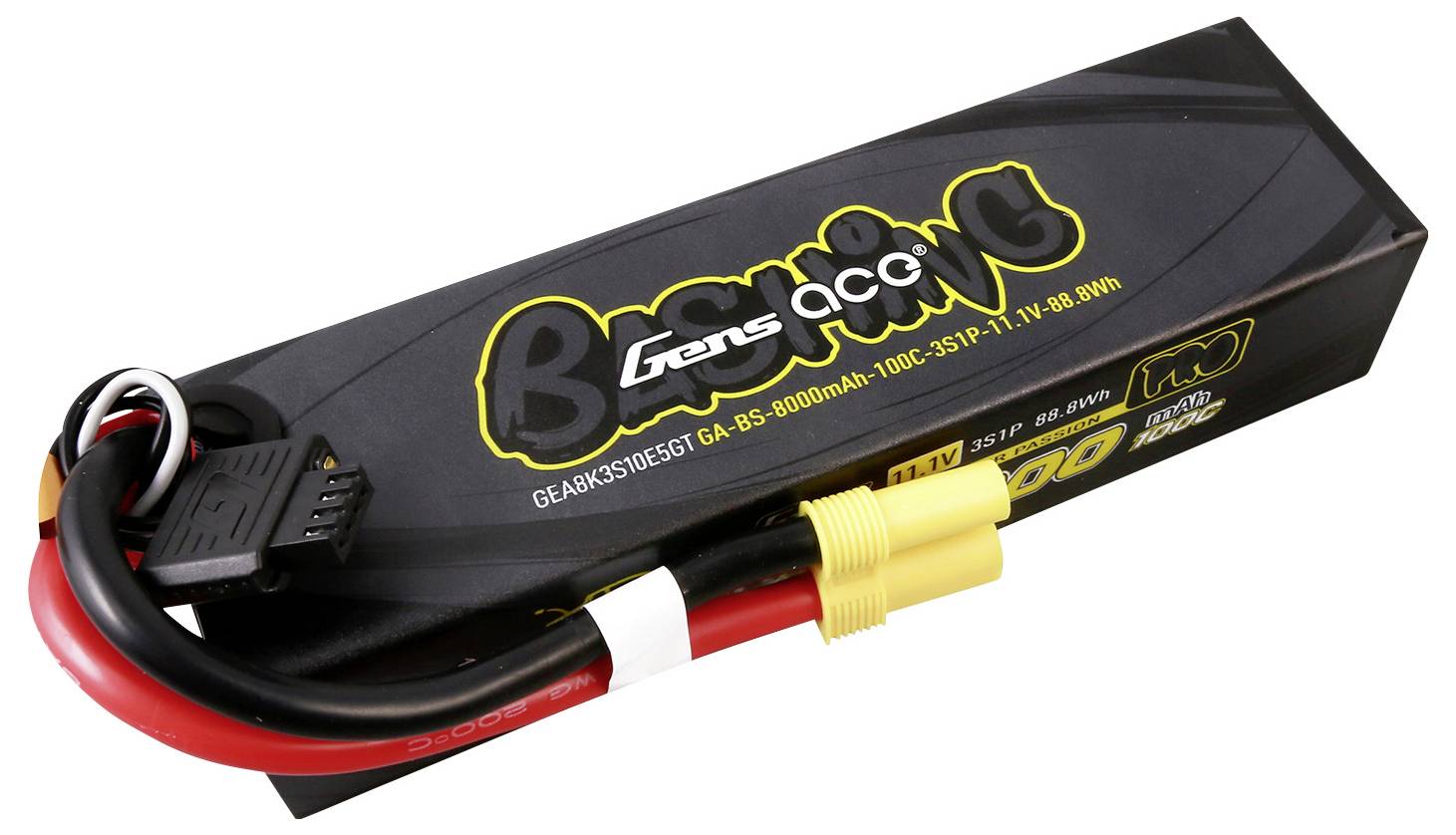 Een Lithium-Polymeer accu van het merk Gens Ace met een gele stekker en zwart kabel. Verpakking toont capaciteit en spanning.