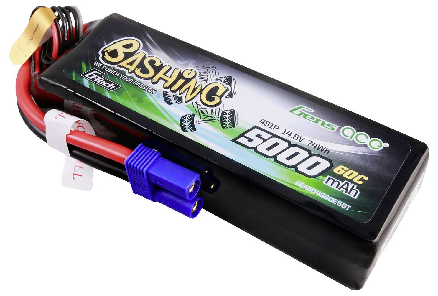 Een LiPo-accu met opdruk 'Bashing' en '5000 mAh, 14.8V, 60C'. De accu heeft blauwe en zwarte aansluitkabels met connectoren.