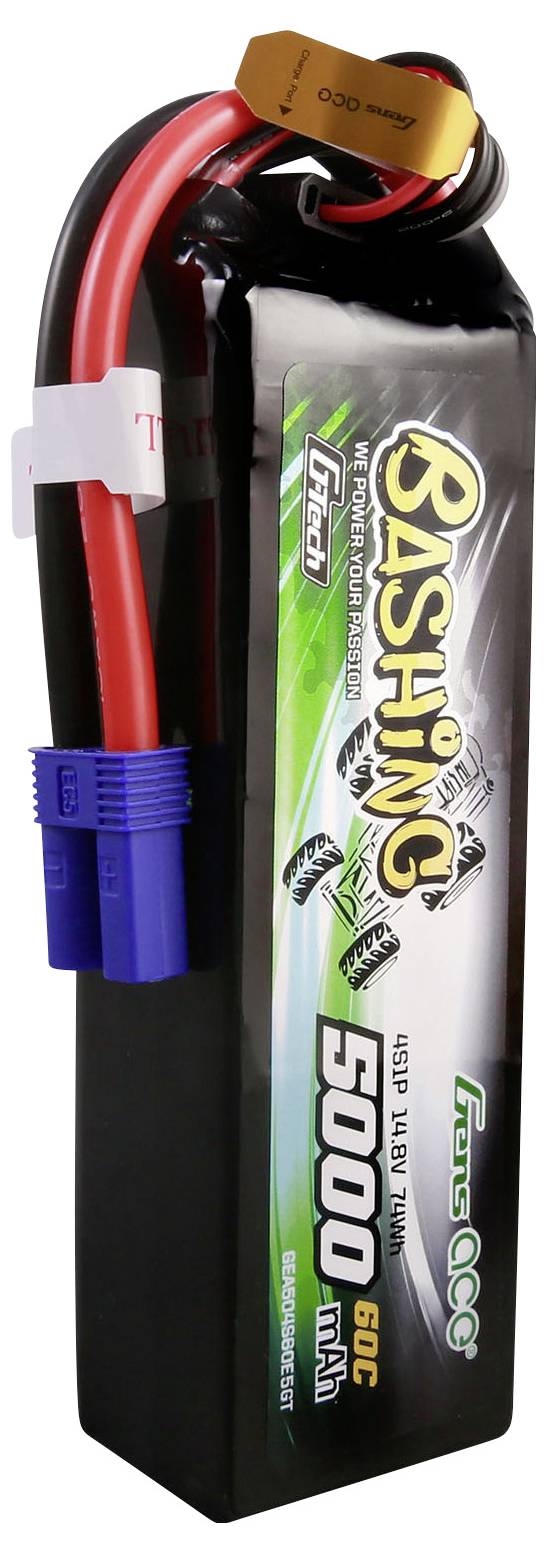 Een zwarte RC-accupack met opschrift 'Bashing 5000 mAh 60C'. Twee aansluitingen: rode tekst 'Traxxas', blauw kunststof behuizing zichtbaar.