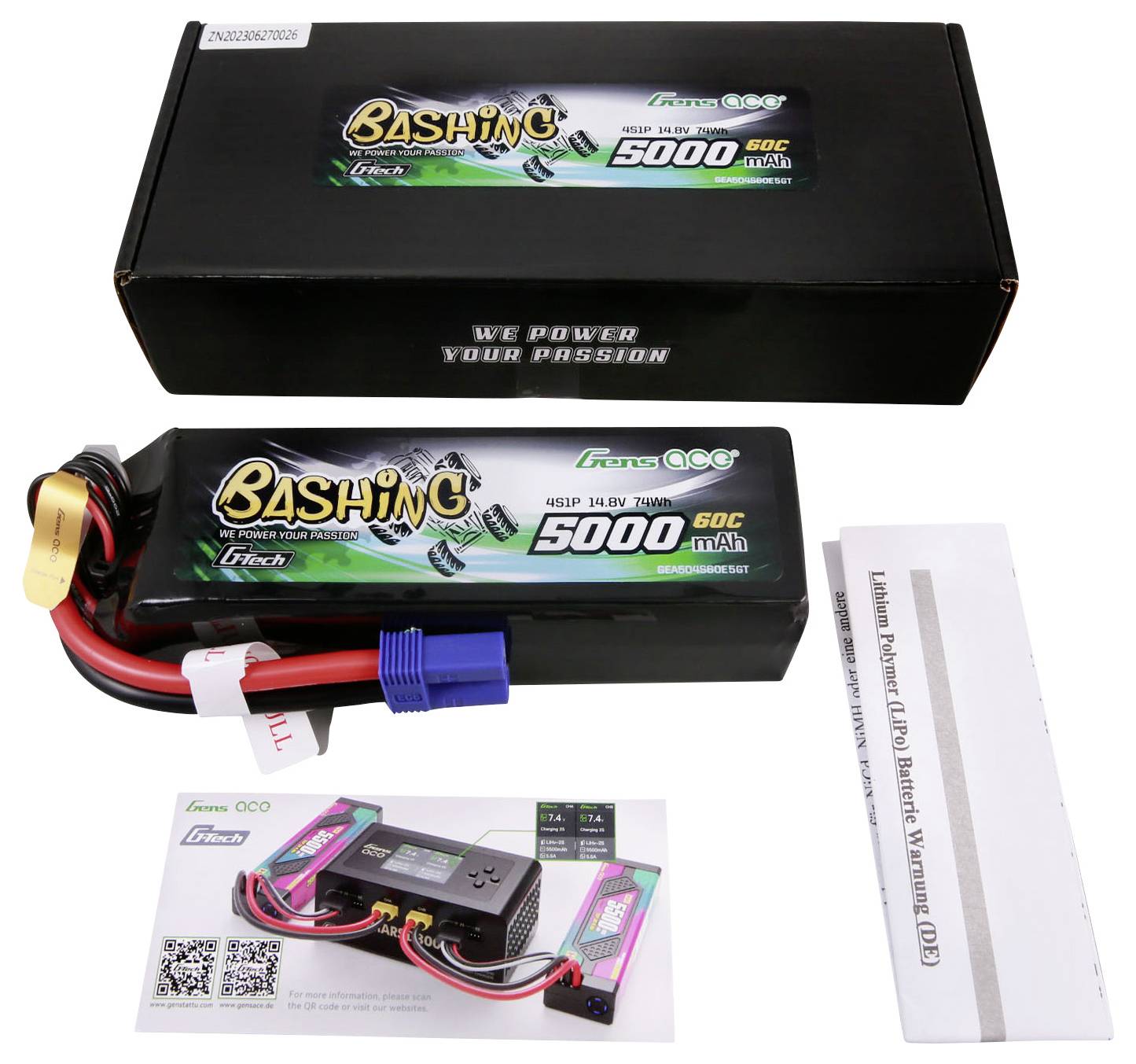Een 'Gens Ace Bashing 5000mAh 60C' LiPo-accu met toebehoren zoals kabels en informatieve materialen is afgebeeld.