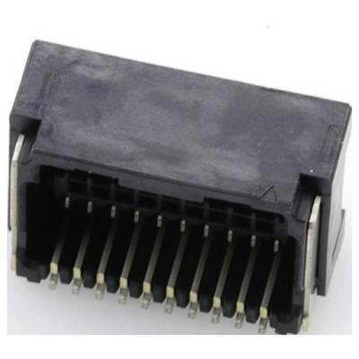 Zwarte connectormodule, rechthoekige aansluiting met meerdere gouden pinnen, geschikt voor het verbinden van elektronische componenten.