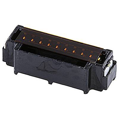 Een rechthoekige zwarte elektronische component met meerdere kleine, oranje contactelementen bovenaan.
