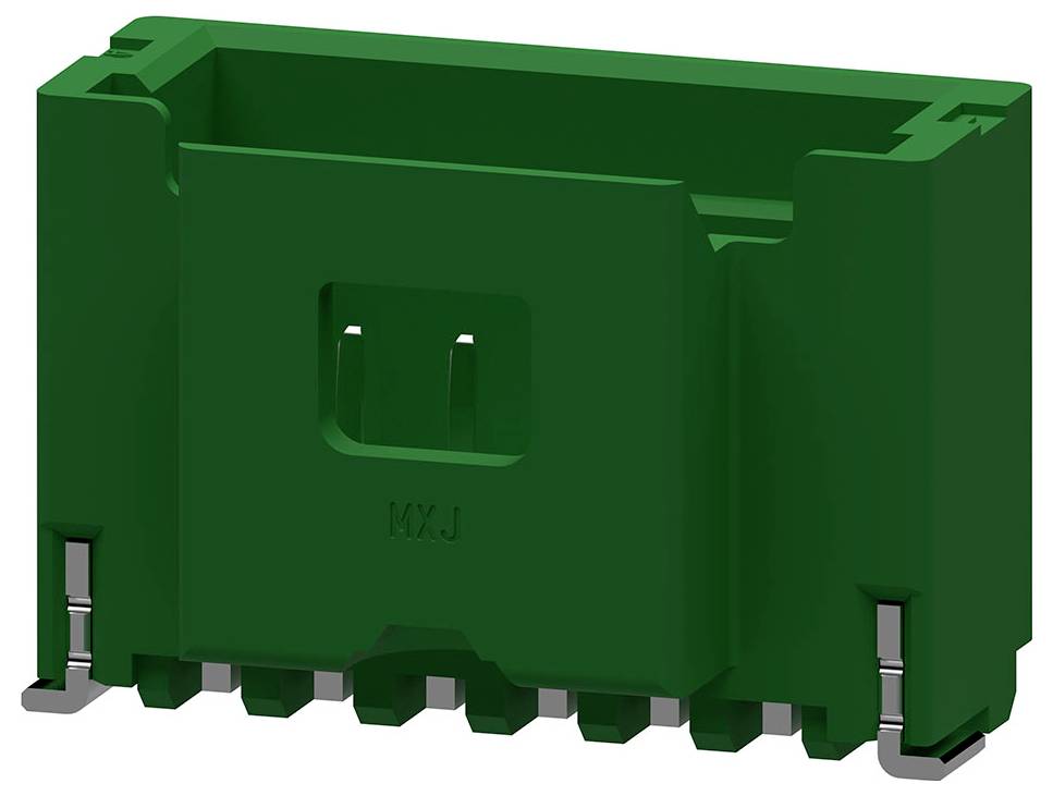 Groene, blokachtige elektrische stekker met zes metalen aansluitingen aan de onderkant.