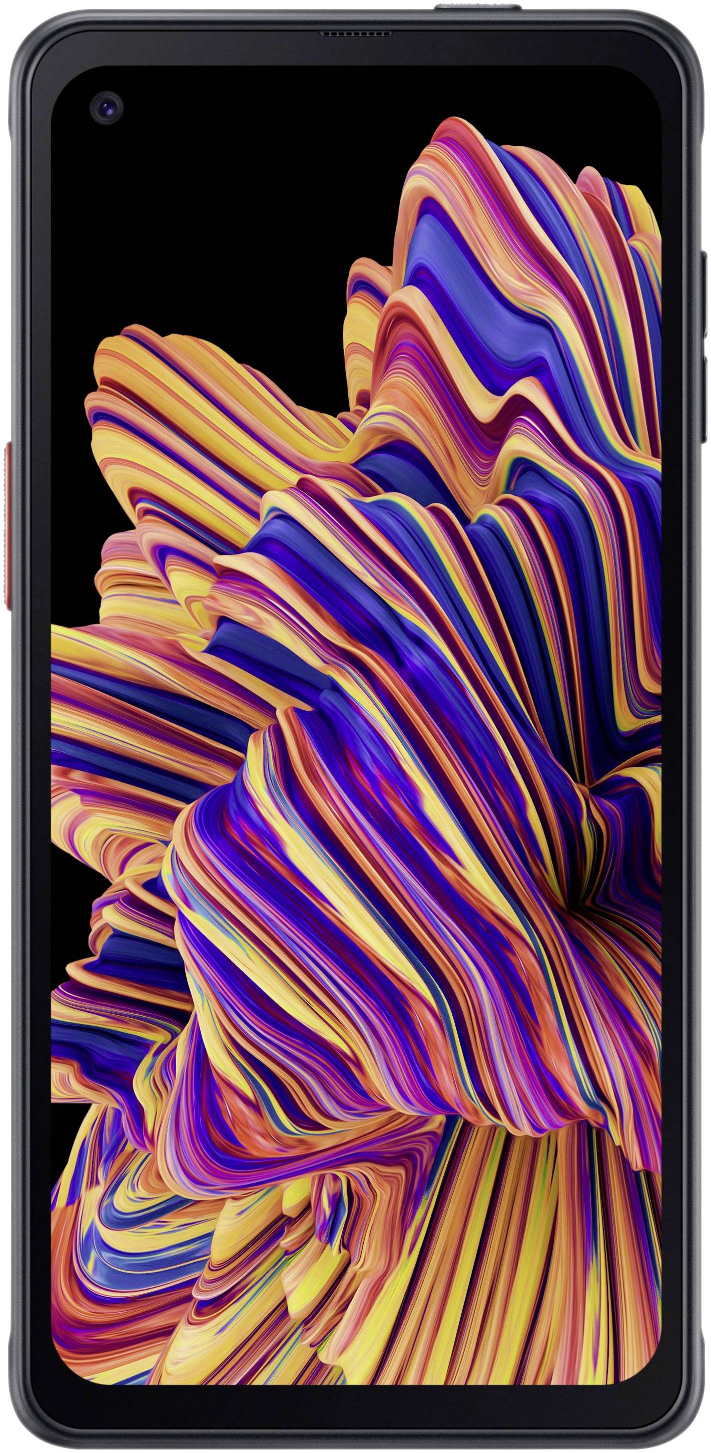 Smartphonescherm met een kleurrijk, abstract 3D-patroon van blauwe, gele, oranje en rode lijnen op een zwarte achtergrond.