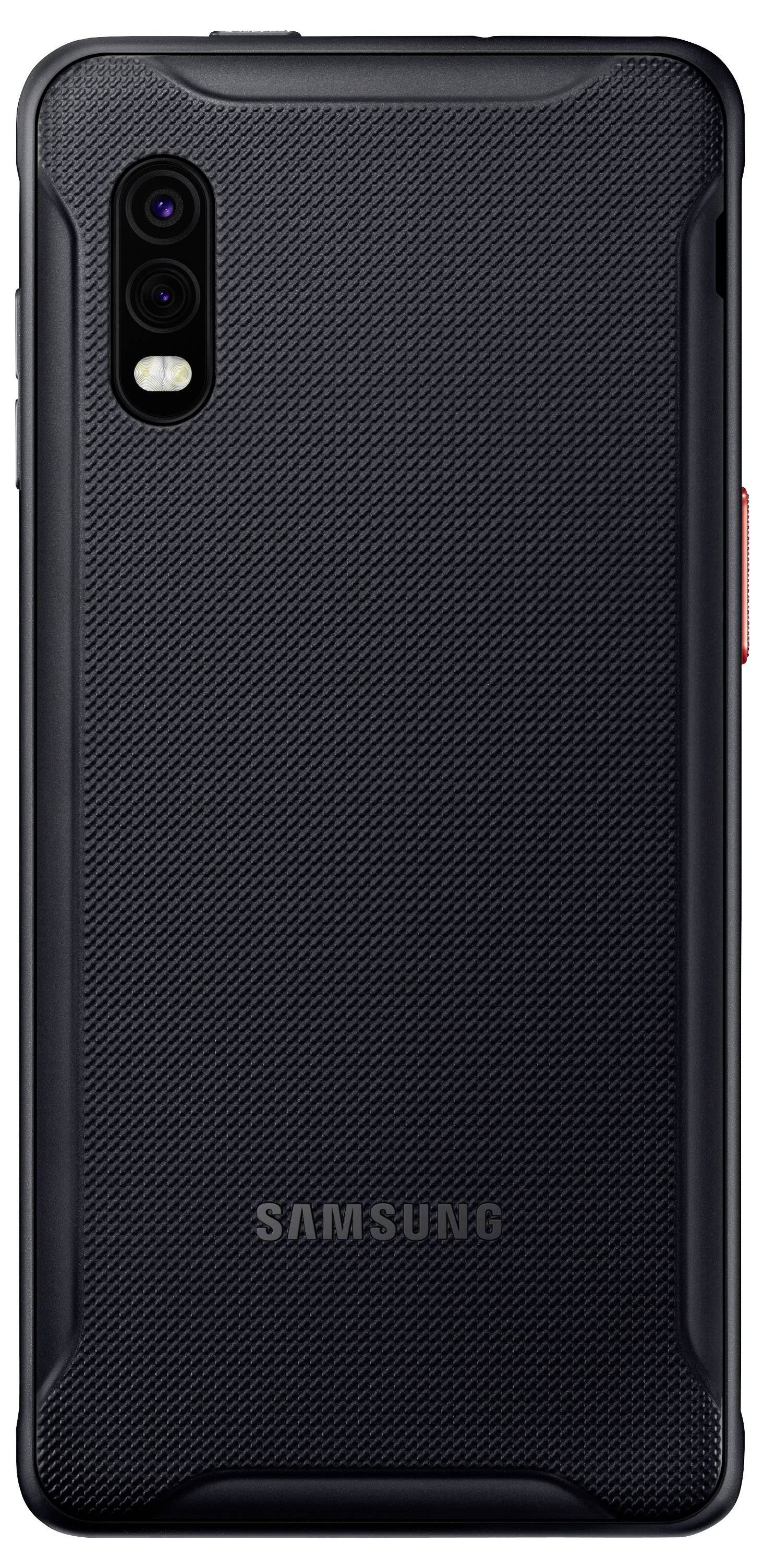 Zwarte Samsung-smartphone met gestructureerde achterkant en verticale dubbele camera.