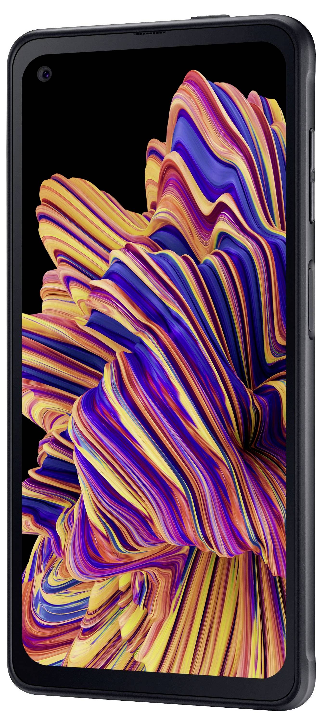 Smartphone met een kleurrijk, abstract patroon op het scherm. Het apparaat heeft afgeronde hoeken en een zijknop.
