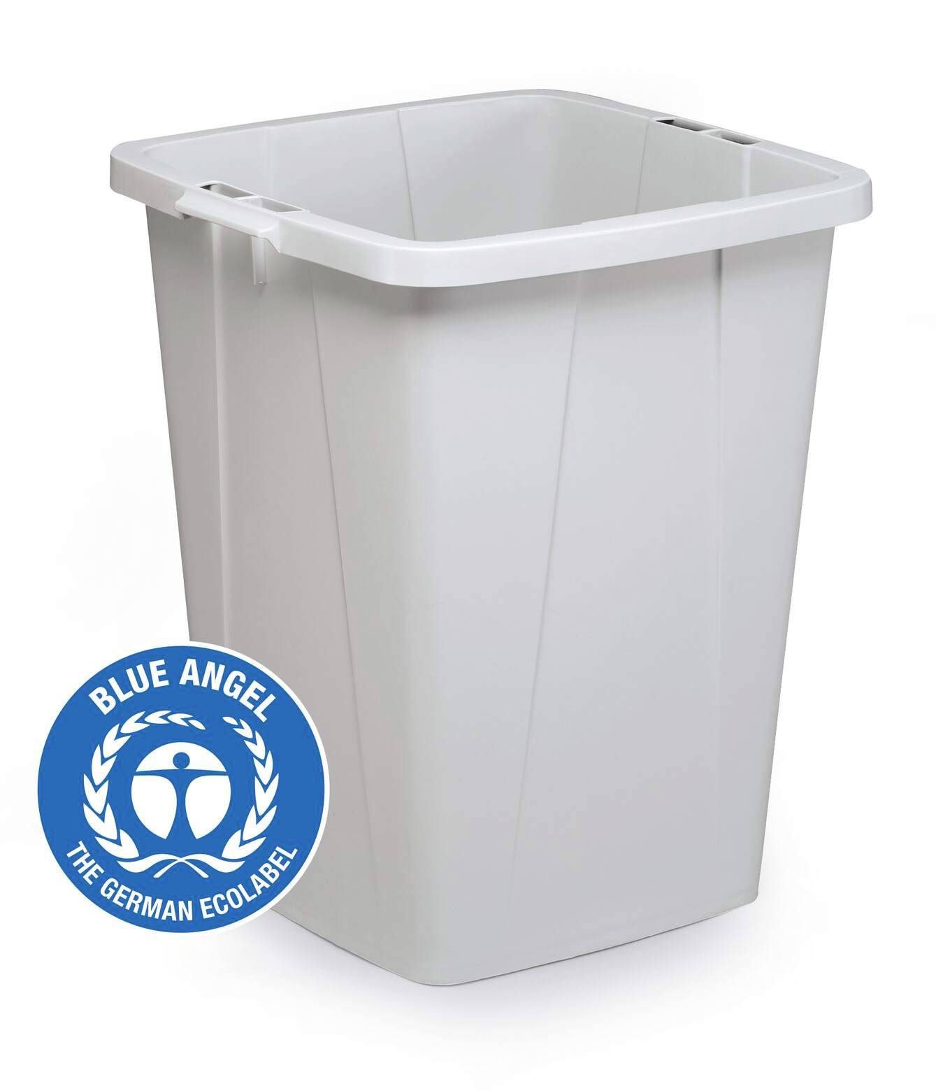Grote, rechthoekige, grijze vuilcontainer met blauwe 'Blue Angel' eco-label sticker.