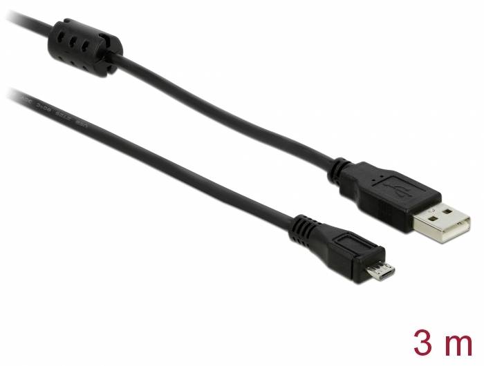 Een zwart USB-kabel met een standaard USB-connector en een micro-USB-connector, lengte: 3 meter.