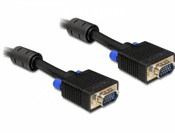 'Twee zwarte VGA-kabels met blauwe stekkers en schroeven. Geschikt voor het aansluiten van computermonitoren en grafische kaarten.'