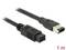 Een 1 meter lang FireWire-kabel met een 4-polige en een 6-polige stekker, gebruikt voor gegevensverbindingen tussen apparaten.
