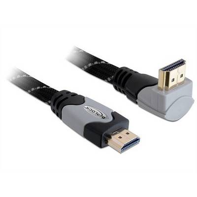 HDMI-kabel, zwart met grijze aansluitingen, de ene recht, de andere onder een hoek van 90 graden, voor flexibele aansluiting van apparaten.