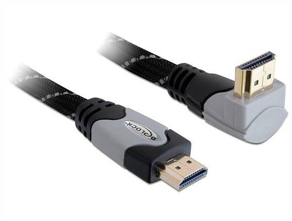 De afbeelding toont een HDMI-kabel met twee aansluitingen. Eén aansluiting is recht, de andere is haaks. Het kabel is zwart en grijs.