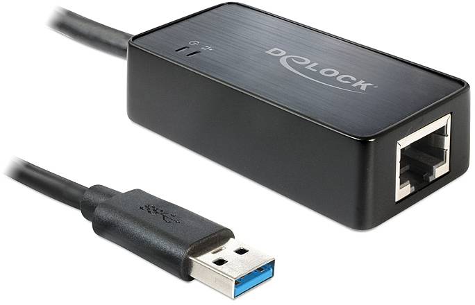 'USB naar Ethernet-adapter close-up met zwart design. De adapter heeft een USB-stekker en een Ethernet-poort.'