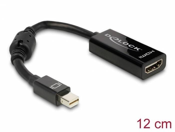 Een zwarte adapterkabel met Mini-DisplayPort en HDMI-aansluiting, 12 cm lang, ideaal voor het verbinden van monitors met computers.