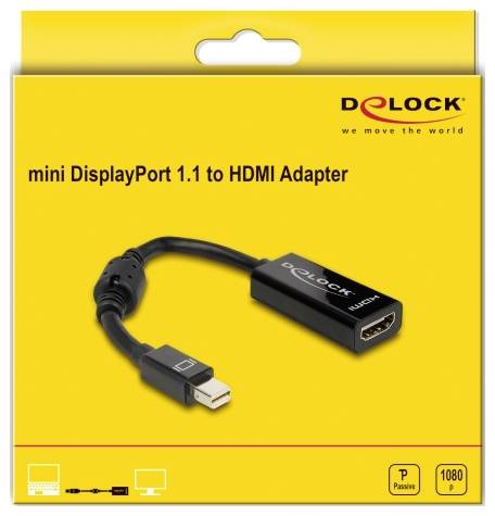 Gele karton met de tekst 'mini DisplayPort 1.1 naar HDMI Adapter'. Afgebeelde zwarte adapter met DisplayPort- en HDMI-aansluiting.