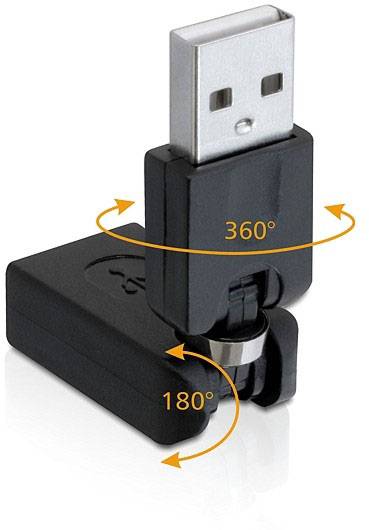 Een USB-stick met een draaibaar scharnier demonstreert een 360-graads en 180-graads draaiing, wat flexibiliteit in gebruik biedt.