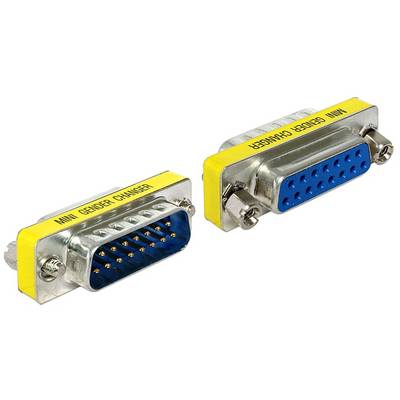 Twee gele 'Mini Gender Changer'-adapters met blauwe aansluitingen. Links een stekker, rechts een bus.
