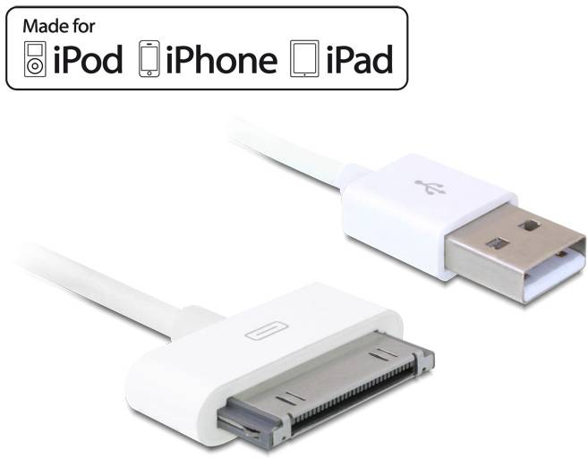 Een wit USB-kabel met een aansluiting voor oudere Apple-apparaten, gemarkeerd als 'Made for iPod iPhone iPad'.