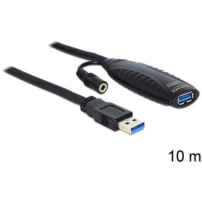 USB 3.0 verlengkabel, 10 meter, verbindt twee USB-apparaten. Aan de ene kant een stekker, aan de andere kant een aansluiting met stroomvoorziening.