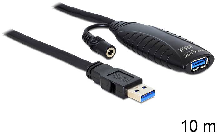 USB 3.0-verlengkabel in zwart, 10 meter lang, met USB-A-stekker en -aansluiting, geschikt voor gegevensoverdracht en randapparatuur.