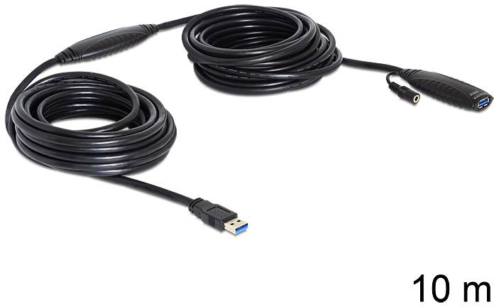 Tien meter lang USB-verlengkabel met een standaard USB-stekker en een USB-aansluiting, geschikt voor verbindingen over grotere afstanden.