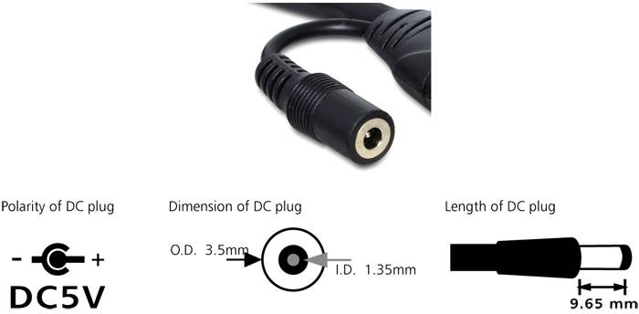DC-stekker met polariteit Plus aan de buitenkant, Min aan de binnenkant. Afmetingen: Buitendiameter 3,5 mm, binnendiameter 1,35 mm, lengte 9,65 mm.