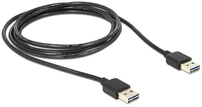Een zwart USB-kabel met twee USB-stekkers aan de uiteinden, geschikt voor het verbinden van apparaten of voor gegevensoverdracht.