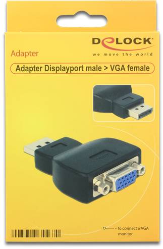 Verpakking van een adapter van DisplayPort mannelijk naar VGA vrouwelijk, geschikt voor het aansluiten van een VGA-monitor.