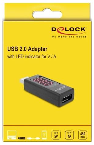 Gele verpakking van een 'USB 2.0 Adapter' van Delock met LED-indicatie voor spanning en stroomsterkte. Ondersteunt tot 5V, 4A, 480 Mbps.