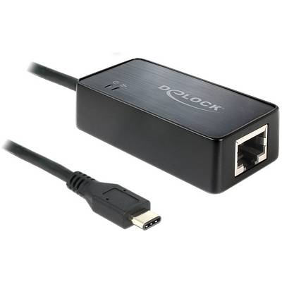 USB-C naar Ethernet-adapter voor bekabelde netwerkverbindingen, zwarte behuizing met 'Delock'-logo.